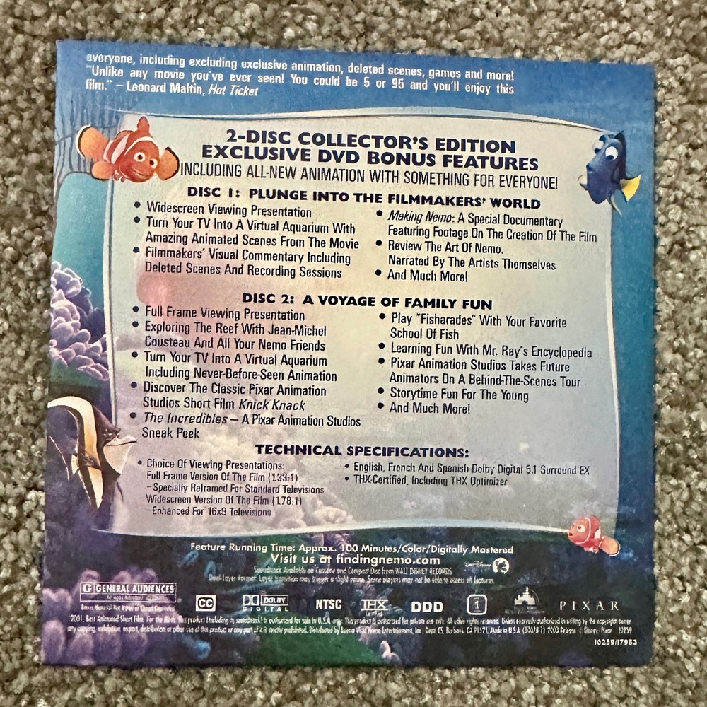 Disney Pixar Finding Nemo 2 Disc Collector's Edition DVD Bonus Features - Picture 5 of 5